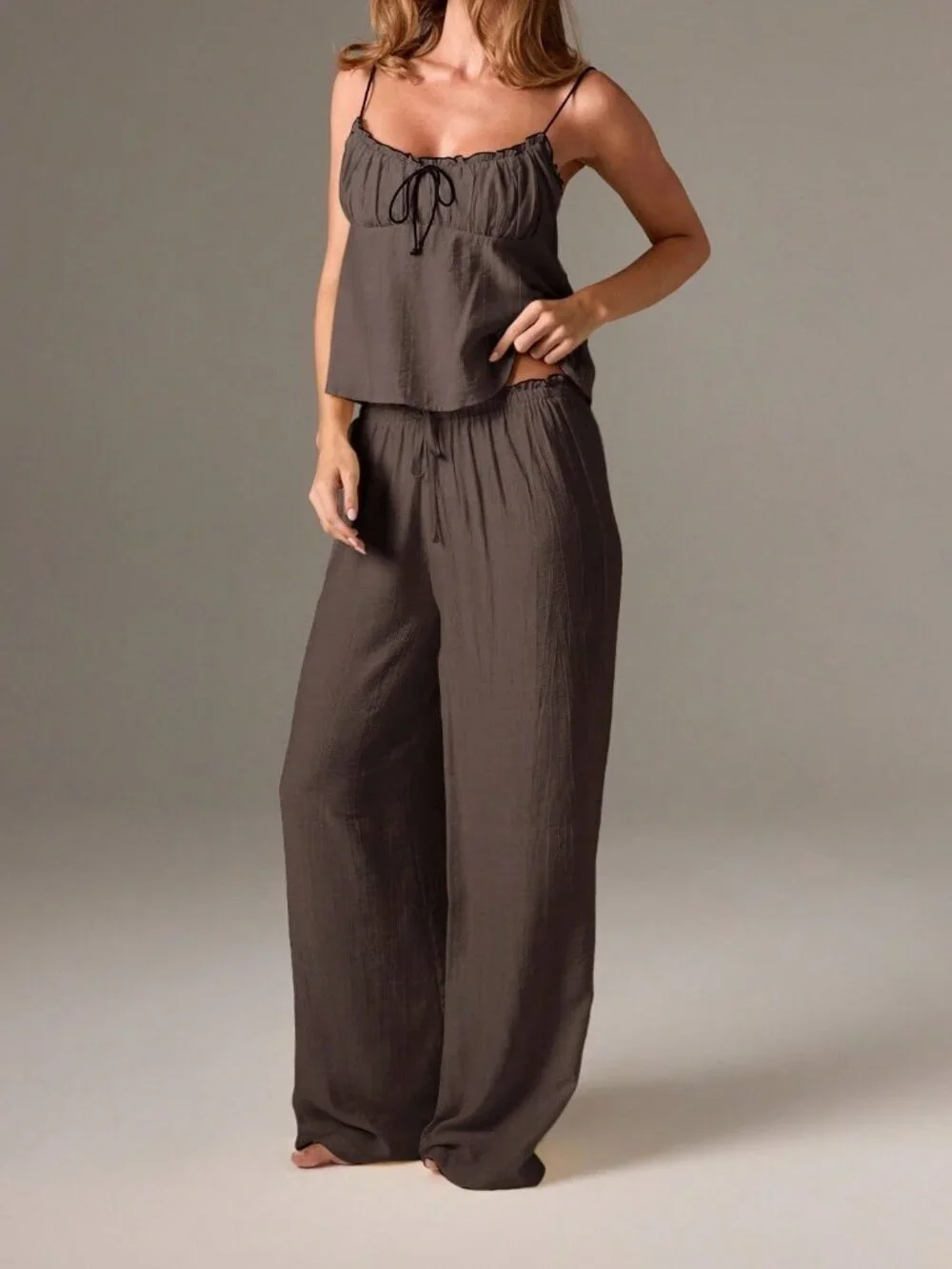 Chocolate Brown CasualWomen's Cami Top And Wide Leg Pants Pajama Set